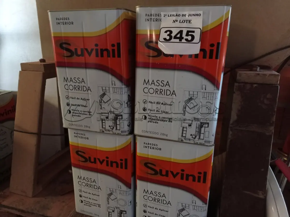 LOTE 345 - 01 LOTE COM 04 LATAS DE MASSA CORRIDA PARA PAREDES INTERIOR CONTENDO 28KG CADA MARCA SUVINIL. (NO ESTADO) ATENÇÃO! FAZER A VISITAÇÃO ANTES DE ARREMATAR, NÃO SABEMOS SE FUNCIONA. LEILÃO NÃO TEM GARANTIA E NEM DEVOLUÇÃO, SUJEITO A POSSÍVEIS AVARIAS VISÍVEIS/OCULTAS E/OU AUSÊNCIA DE COMPONENTES.