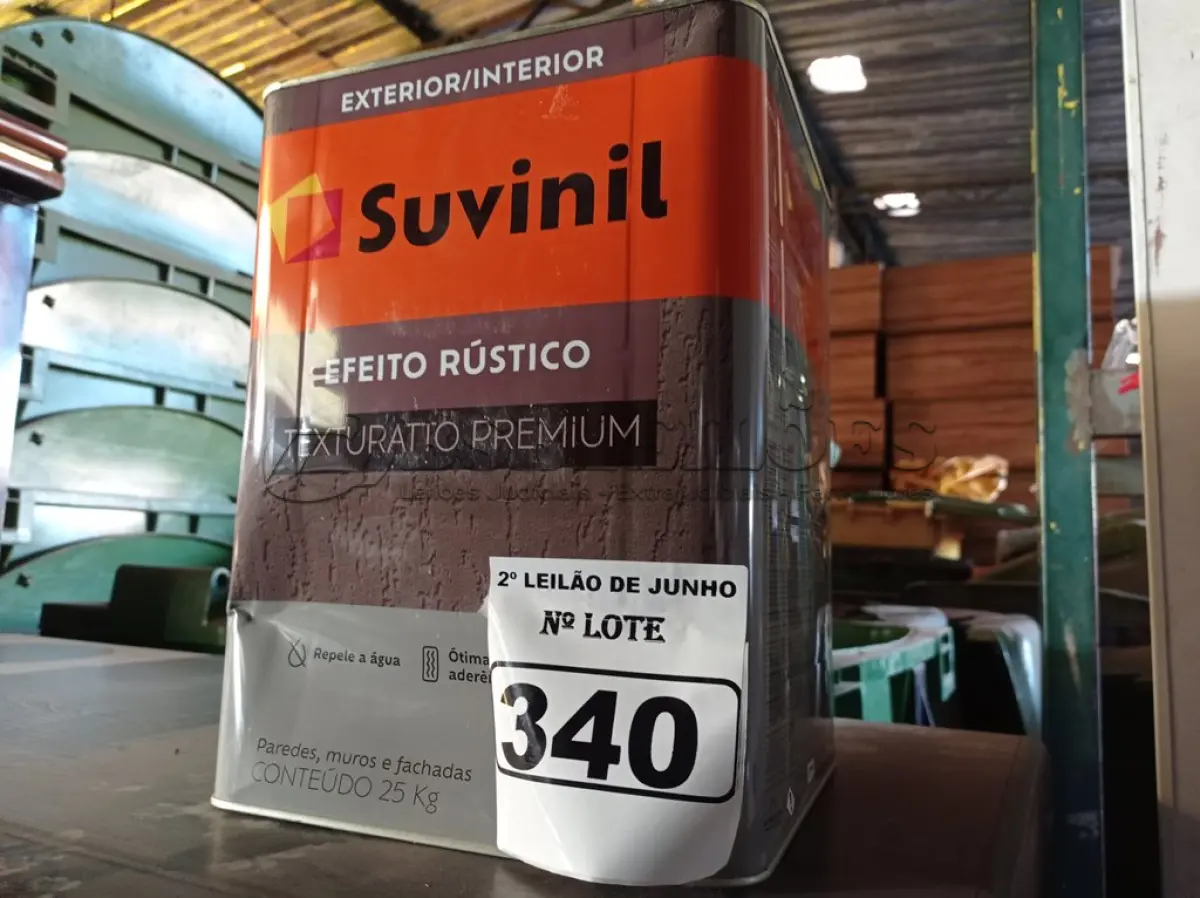 LOTE 340 - 01 LATA DE TINTA TEXTURATTO PREMIUM EFEITO RÚSTICO EXTERIOR/INTERIOR SUVINIL 25KG. (NO ESTADO) ATENÇÃO! FAZER A VISITAÇÃO ANTES DE ARREMATAR, NÃO SABEMOS SE FUNCIONA. LEILÃO NÃO TEM GARANTIA E NEM DEVOLUÇÃO, SUJEITO A POSSÍVEIS AVARIAS VISÍVEIS/OCULTAS E/OU AUSÊNCIA DE COMPONENTES.
