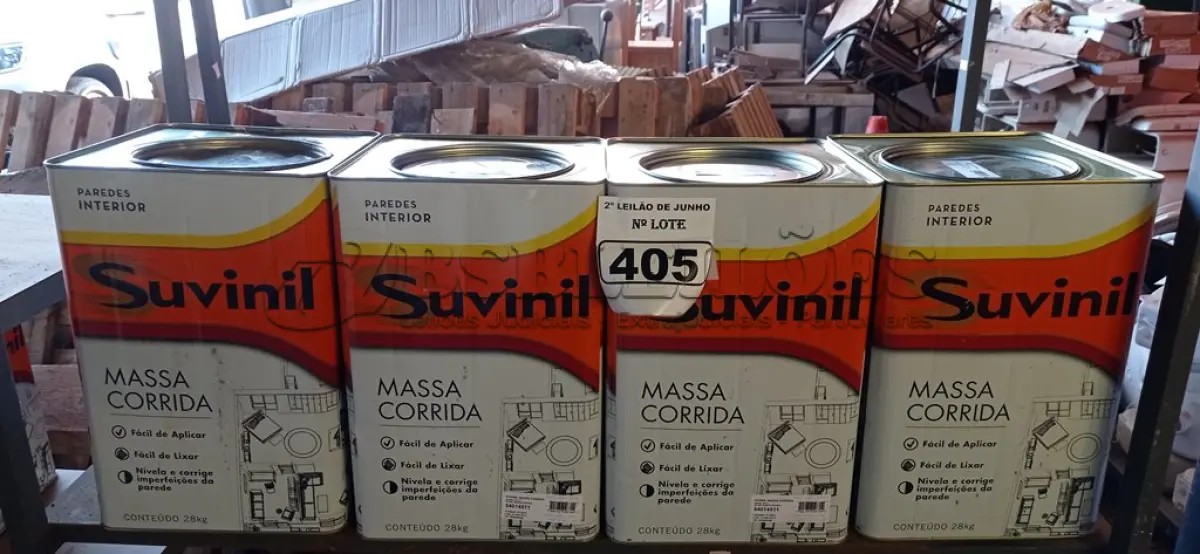 LOTE 405 - 01 LOTE COM 04 LATAS DE MASSA CORRIDA PARA PAREDES INTERIOR CONTENDO 28KG CADA MARCA SUVINIL. (NO ESTADO) ATENÇÃO! FAZER A VISITAÇÃO ANTES DE ARREMATAR, NÃO SABEMOS SE FUNCIONA. LEILÃO NÃO TEM GARANTIA E NEM DEVOLUÇÃO, SUJEITO A POSSÍVEIS AVARIAS VISÍVEIS/OCULTAS E/OU AUSÊNCIA DE COMPONENTES.