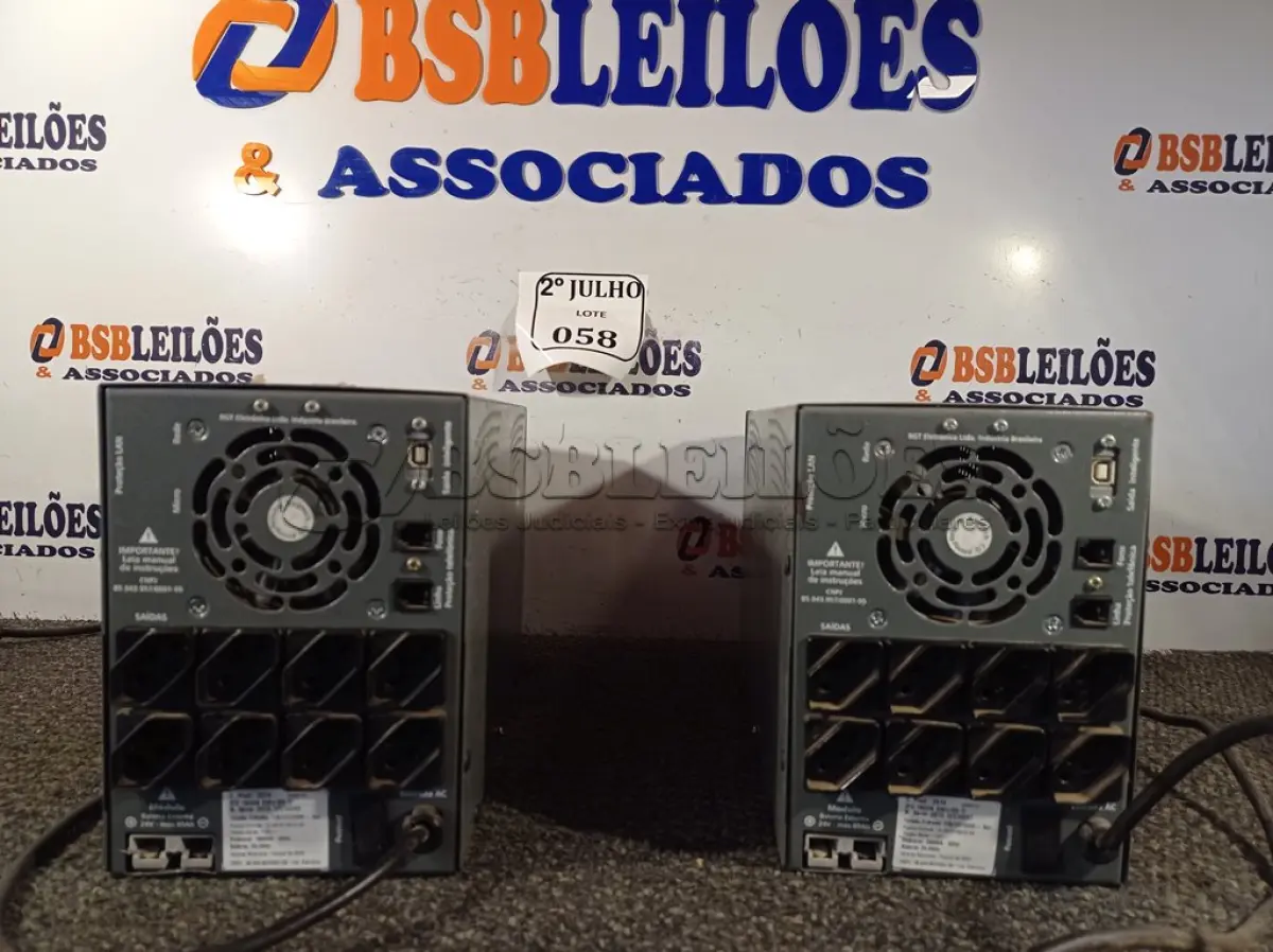 LOTE 058 - 02 NOBREAKS DE 1900VA CADA. (NO ESTADO) ATENÇÃO! FAZER A VISITAÇÃO ANTES DE ARREMATAR, NÃO SABEMOS SE FUNCIONA. LEILÃO NÃO TEM GARANTIA E NEM DEVOLUÇÃO, SUJEITO A POSSÍVEIS AVARIAS VISÍVEIS/OCULTAS E/OU AUSÊNCIA DE COMPONENTES.