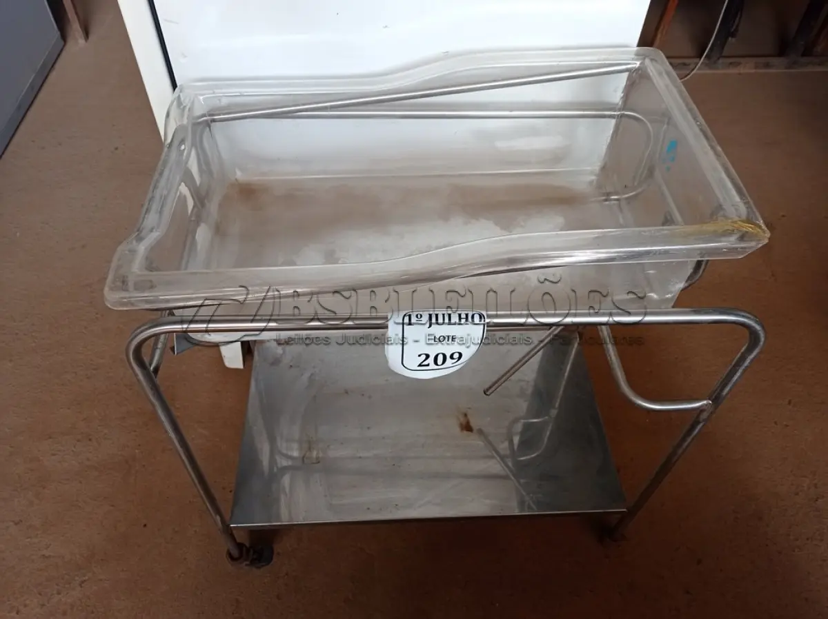 LOTE 209 - 01 CARRINHO EM INOX COM RODINHAS. (NO ESTADO) ATENÇÃO! FAZER A VISITAÇÃO ANTES DE ARREMATAR, NÃO SABEMOS SE FUNCIONA. LEILÃO NÃO TEM GARANTIA E NEM DEVOLUÇÃO, SUJEITO A POSSÍVEIS AVARIAS VISÍVEIS/OCULTAS E/OU AUSÊNCIA DE COMPONENTES.