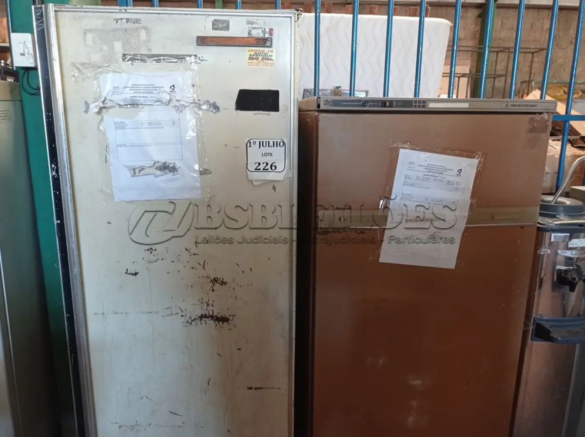 LOTE 226 - 02 GELADEIRAS COM AVARIAS. (NO ESTADO) ATENÇÃO! FAZER A VISITAÇÃO ANTES DE ARREMATAR, NÃO SABEMOS SE FUNCIONA. LEILÃO NÃO TEM GARANTIA E NEM DEVOLUÇÃO, SUJEITO A POSSÍVEIS AVARIAS VISÍVEIS/OCULTAS E/OU AUSÊNCIA DE COMPONENTES.