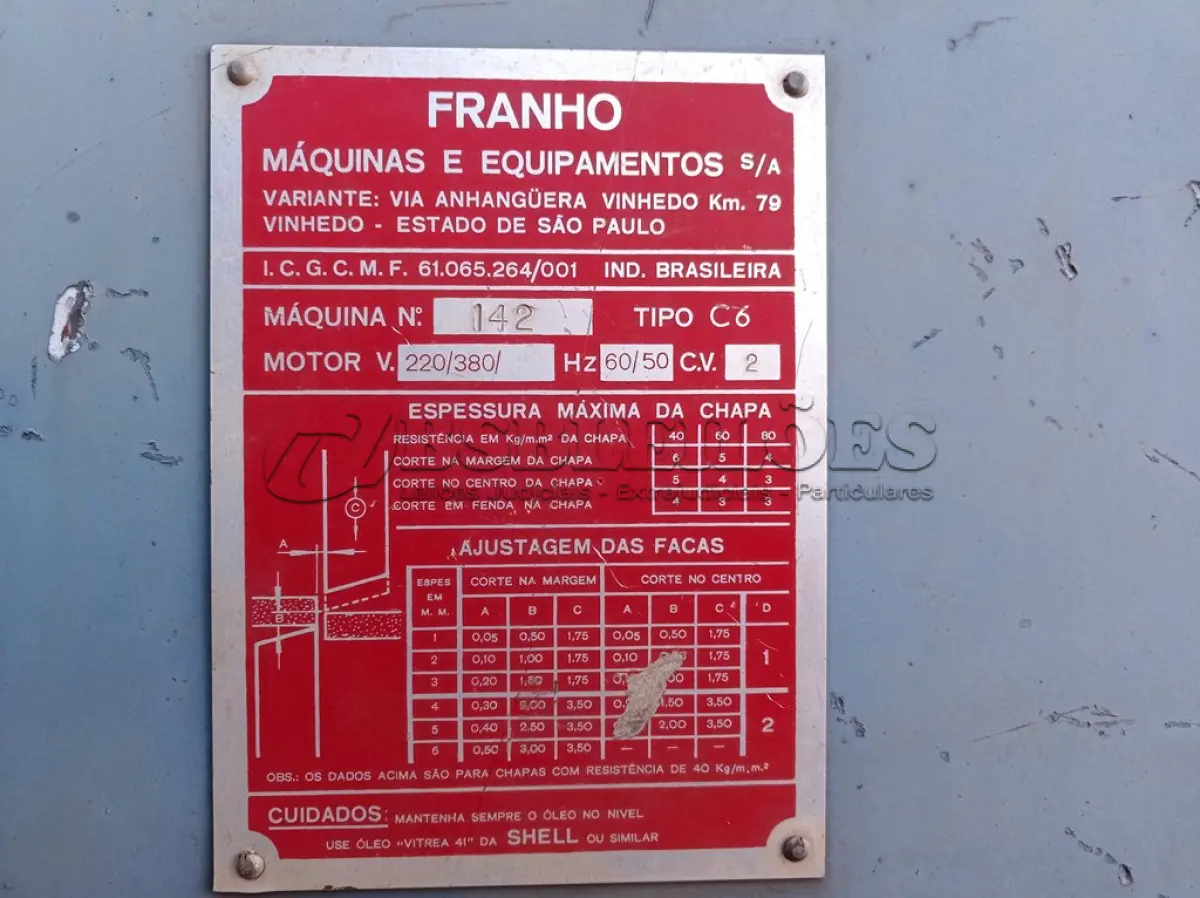 LOTE 325 - 01 TESOURA PUNCIONADEIRA FRANHO COM MOTOR TRIFÁSICO. (NO ESTADO) ATENÇÃO! FAZER A VISITAÇÃO ANTES DE ARREMATAR, NÃO SABEMOS SE FUNCIONA. LEILÃO NÃO TEM GARANTIA E NEM DEVOLUÇÃO, SUJEITO A POSSÍVEIS AVARIAS VISÍVEIS/OCULTAS E/OU AUSÊNCIA DE COMPONENTES.