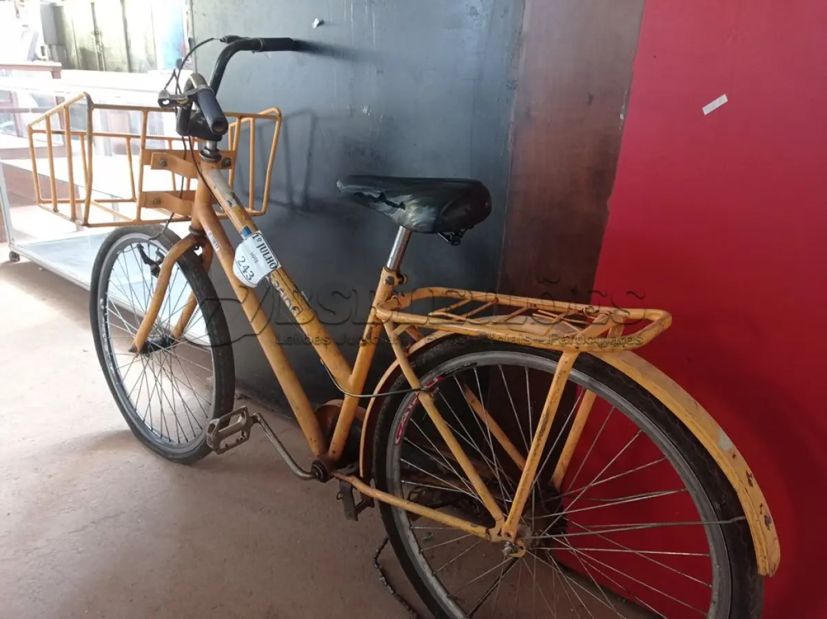 LOTE 243 - 01 BICICLETA CARGUEIRA NA COR AMARELA. (NO ESTADO) ATENÇÃO! FAZER A VISITAÇÃO ANTES DE ARREMATAR, NÃO SABEMOS SE FUNCIONA. LEILÃO NÃO TEM GARANTIA E NEM DEVOLUÇÃO, SUJEITO A POSSÍVEIS AVARIAS VISÍVEIS/OCULTAS E/OU AUSÊNCIA DE COMPONENTES.