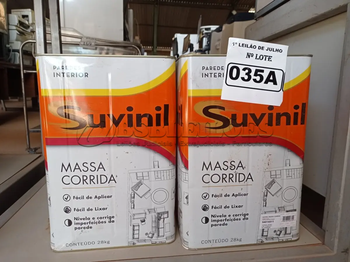 LOTE 035 - 02 LATAS DE MASSA CORRIDA PARA PAREDES INTERIOR CONTENDO 28KG CADA MARCA SUVINIL. (NO ESTADO) ATENÇÃO! FAZER A VISITAÇÃO ANTES DE ARREMATAR, NÃO SABEMOS SE FUNCIONA. LEILÃO NÃO TEM GARANTIA E NEM DEVOLUÇÃO, SUJEITO A POSSÍVEIS AVARIAS VISÍVEIS/OCULTAS E/OU AUSÊNCIA DE COMPONENTES.