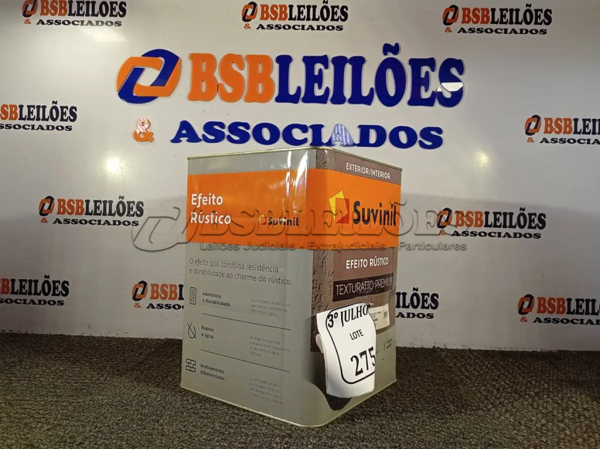 LOTE 275 - 01 LATA DE TINTA TEXTURATTO PREMIUM EFEITO RÚSTICO EXTERIOR/INTERIOR SUVINIL 25KG. (NO ESTADO) ATENÇÃO! FAZER A VISITAÇÃO ANTES DE ARREMATAR, NÃO SABEMOS SE FUNCIONA. LEILÃO NÃO TEM GARANTIA E NEM DEVOLUÇÃO, SUJEITO A POSSÍVEIS AVARIAS VISÍVEIS/OCULTAS E/OU AUSÊNCIA DE COMPONENTES.