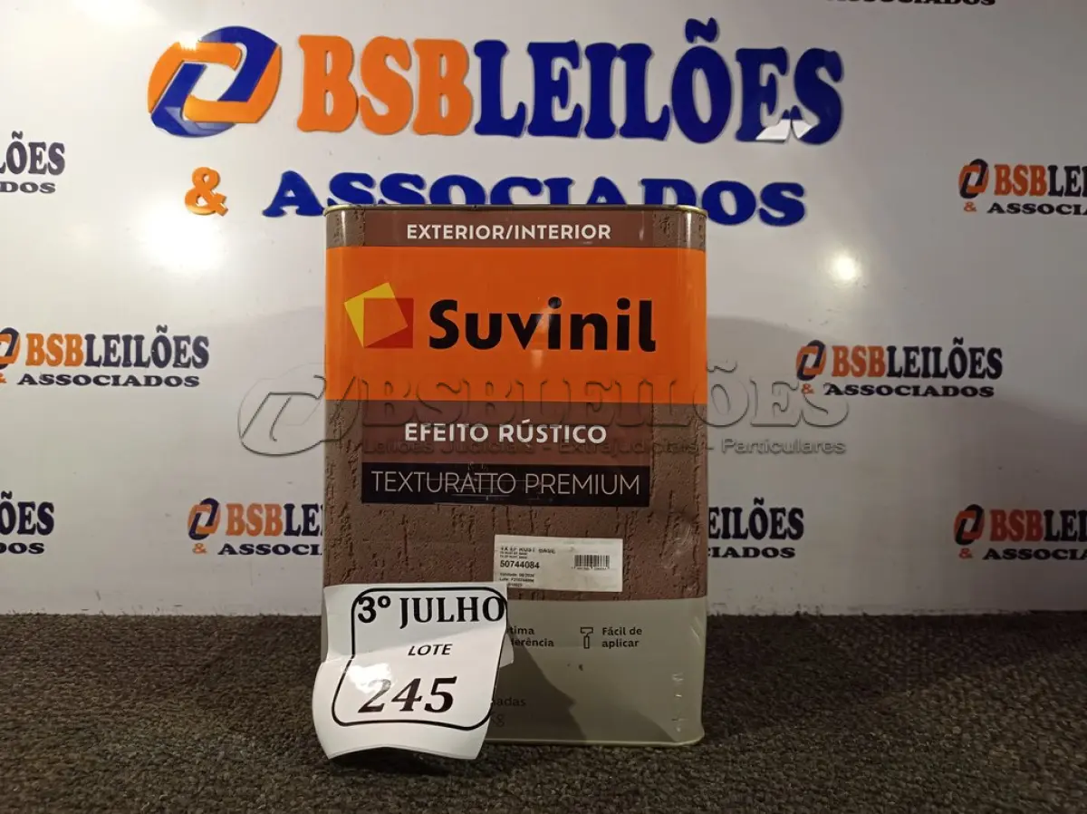 LOTE 245 - 01 LATA DE TINTA TEXTURATTO PREMIUM EFEITO RÚSTICO EXTERIOR/INTERIOR SUVINIL 25KG. (NO ESTADO) ATENÇÃO! FAZER A VISITAÇÃO ANTES DE ARREMATAR, NÃO SABEMOS SE FUNCIONA. LEILÃO NÃO TEM GARANTIA E NEM DEVOLUÇÃO, SUJEITO A POSSÍVEIS AVARIAS VISÍVEIS/OCULTAS E/OU AUSÊNCIA DE COMPONENTES.