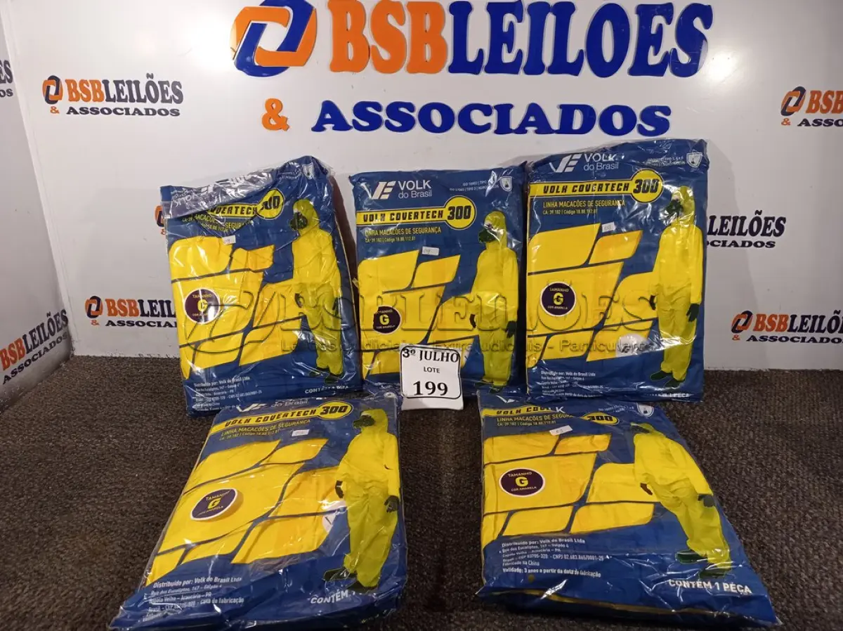 LOTE 199 - 01 LOTE COM 05 MACACÕES VOLH COVERTECH 300 TAMANHO G NA COR AMARELA. (NOVO) (NO ESTADO) ATENÇÃO! FAZER A VISITAÇÃO ANTES DE ARREMATAR, NÃO SABEMOS SE FUNCIONA. LEILÃO NÃO TEM GARANTIA E NEM DEVOLUÇÃO, SUJEITO A POSSÍVEIS AVARIAS VISÍVEIS/OCULTAS E/OU AUSÊNCIA DE COMPONENTES.