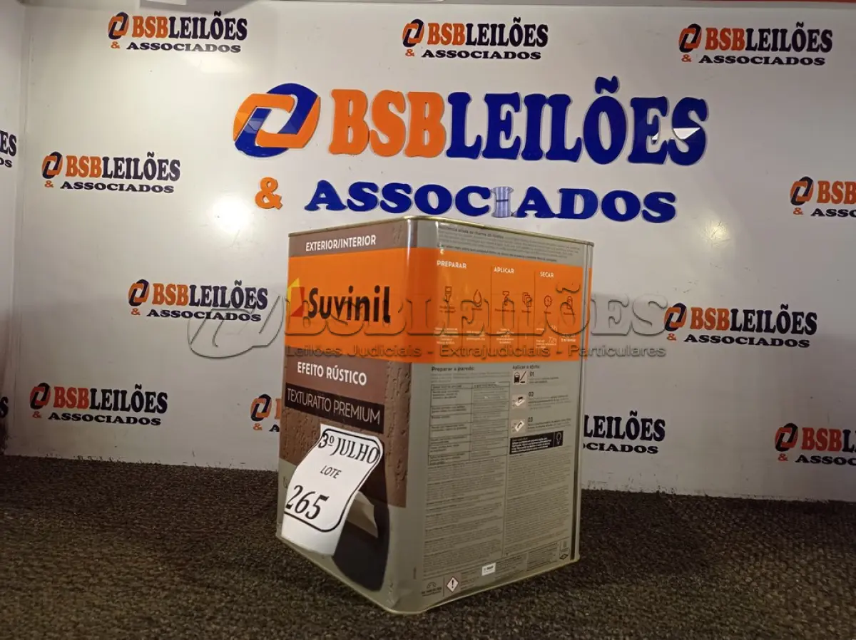LOTE 265 - 01 LATA DE TINTA TEXTURATTO PREMIUM EFEITO RÚSTICO EXTERIOR/INTERIOR SUVINIL 25KG. (NO ESTADO) ATENÇÃO! FAZER A VISITAÇÃO ANTES DE ARREMATAR, NÃO SABEMOS SE FUNCIONA. LEILÃO NÃO TEM GARANTIA E NEM DEVOLUÇÃO, SUJEITO A POSSÍVEIS AVARIAS VISÍVEIS/OCULTAS E/OU AUSÊNCIA DE COMPONENTES.