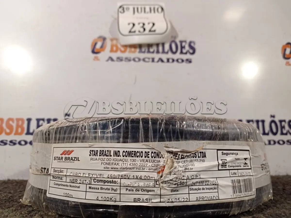 LOTE 232 - 01 ROLO DE CABO FLEXÍVEL 1×4,00MM NA COR PRETO. (NO ESTADO) ATENÇÃO! FAZER A VISITAÇÃO ANTES DE ARREMATAR, NÃO SABEMOS SE FUNCIONA. LEILÃO NÃO TEM GARANTIA E NEM DEVOLUÇÃO, SUJEITO A POSSÍVEIS AVARIAS VISÍVEIS/OCULTAS E/OU AUSÊNCIA DE COMPONENTES.