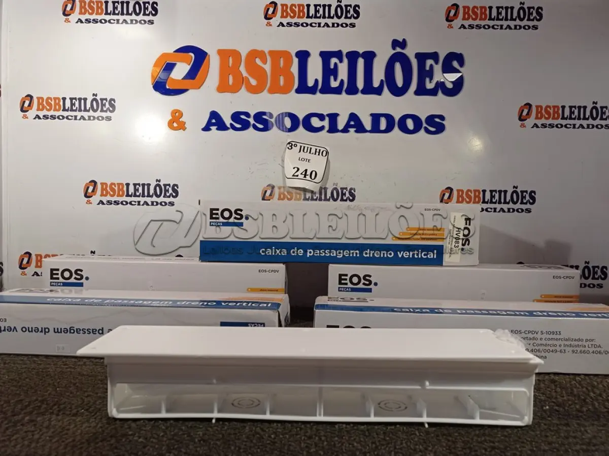 LOTE 240 - 05 CAIXAS DE PASSAGEM PARA DRENO VERTICAL MARCA EOS. (NO ESTADO) ATENÇÃO! FAZER A VISITAÇÃO ANTES DE ARREMATAR, NÃO SABEMOS SE FUNCIONA. LEILÃO NÃO TEM GARANTIA E NEM DEVOLUÇÃO, SUJEITO A POSSÍVEIS AVARIAS VISÍVEIS/OCULTAS E/OU AUSÊNCIA DE COMPONENTES.