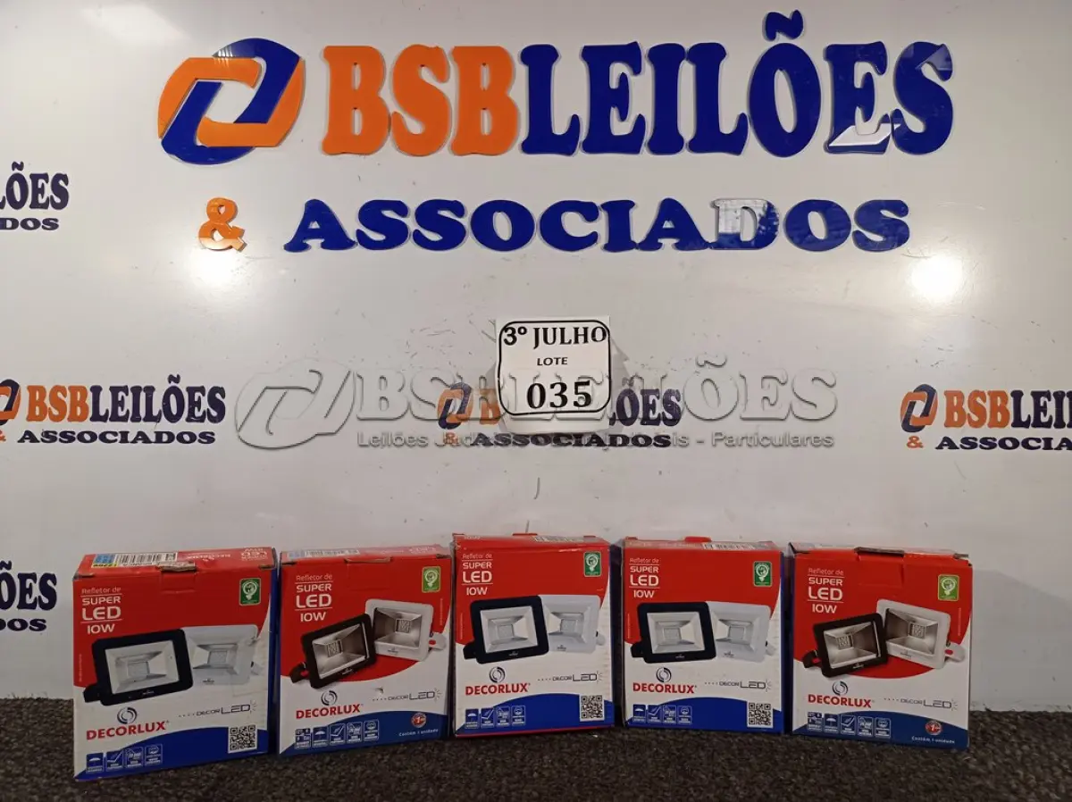 LOTE 035 - 05 REFLETORES DECORLED SUPERLED 220V 10W LUZ BRANCA DECORLUX NOVO. (NO ESTADO)