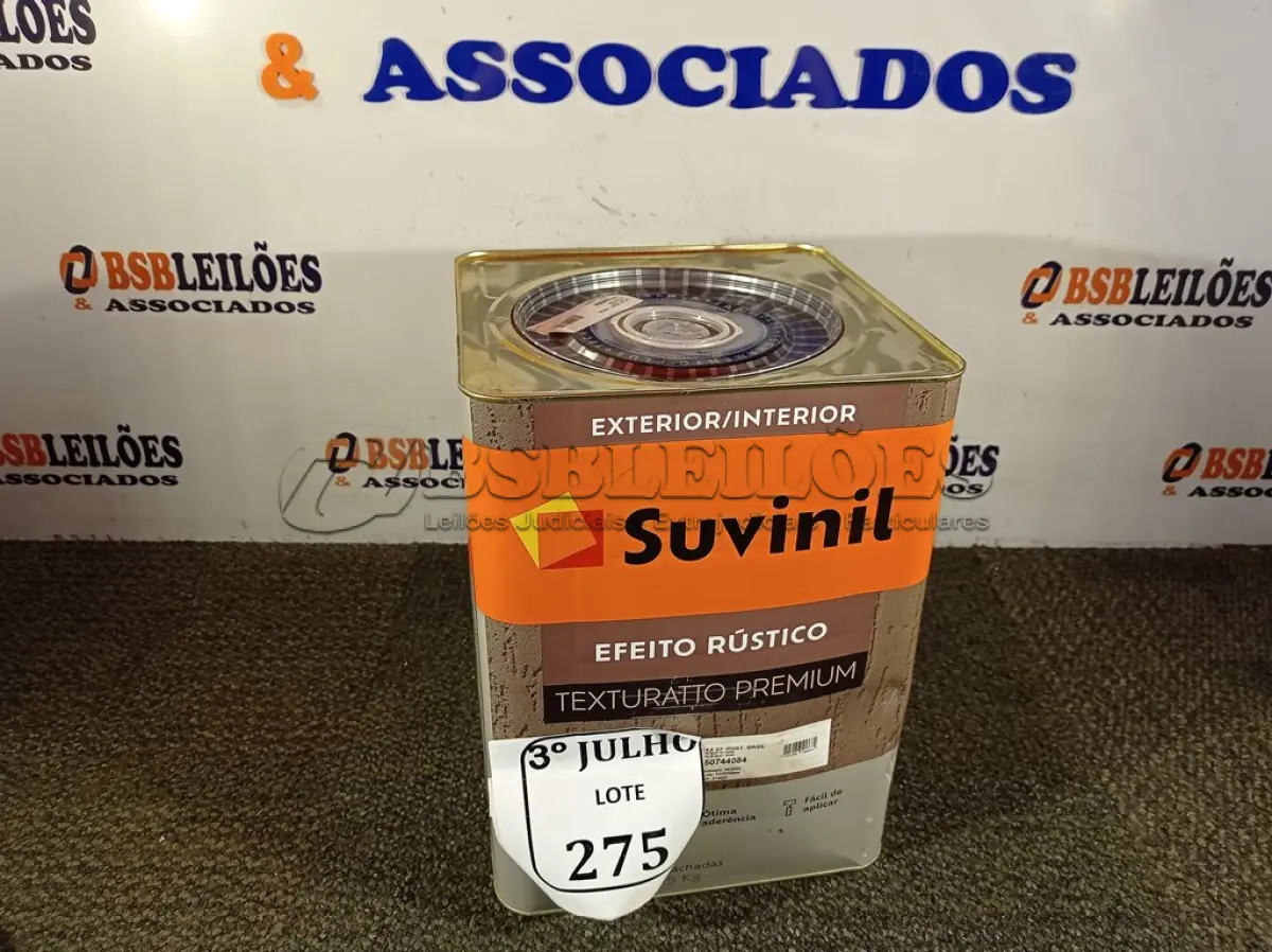 LOTE 275 - 01 LATA DE TINTA TEXTURATTO PREMIUM EFEITO RÚSTICO EXTERIOR/INTERIOR SUVINIL 25KG. (NO ESTADO) ATENÇÃO! FAZER A VISITAÇÃO ANTES DE ARREMATAR, NÃO SABEMOS SE FUNCIONA. LEILÃO NÃO TEM GARANTIA E NEM DEVOLUÇÃO, SUJEITO A POSSÍVEIS AVARIAS VISÍVEIS/OCULTAS E/OU AUSÊNCIA DE COMPONENTES.