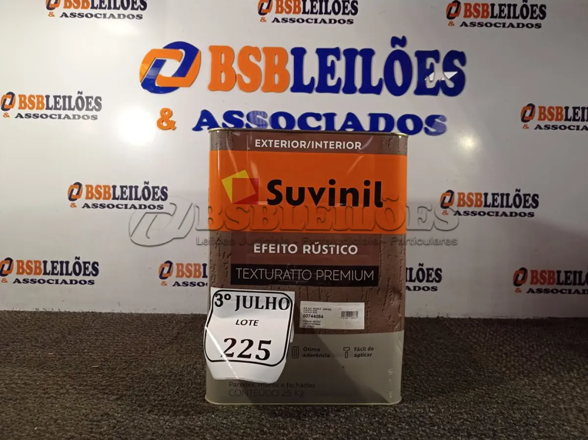 LOTE 225 - 01 LATA DE TINTA TEXTURATTO PREMIUM EFEITO RÚSTICO EXTERIOR/INTERIOR SUVINIL 25KG. (NO ESTADO) ATENÇÃO! FAZER A VISITAÇÃO ANTES DE ARREMATAR, NÃO SABEMOS SE FUNCIONA. LEILÃO NÃO TEM GARANTIA E NEM DEVOLUÇÃO, SUJEITO A POSSÍVEIS AVARIAS VISÍVEIS/OCULTAS E/OU AUSÊNCIA DE COMPONENTES.