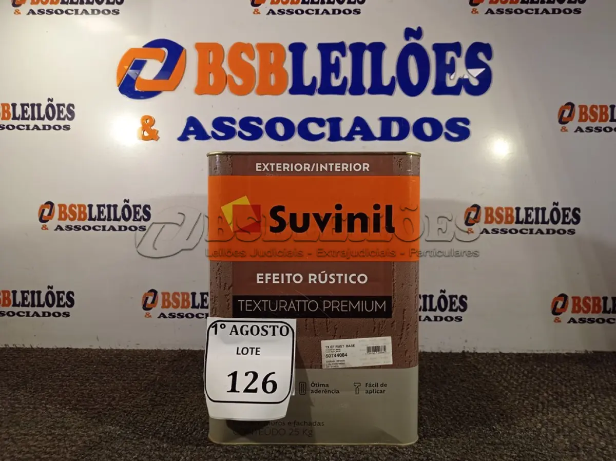 LOTE 126 - 01 LATA DE TINTA TEXTURATTO PREMIUM EFEITO RÚSTICO INTERIOR/EXTERIOR SUVINIL 25KG. (NO ESTADO) ATENÇÃO! FAZER A VISITAÇÃO ANTES DE ARREMATAR, NÃO SABEMOS SE FUNCIONA. LEILÃO NÃO TEM GARANTIA E NEM DEVOLUÇÃO, SUJEITO A POSSÍVEIS AVARIAS VISÍVEIS/OCULTAS E/OU AUSÊNCIA DE COMPONENTES.