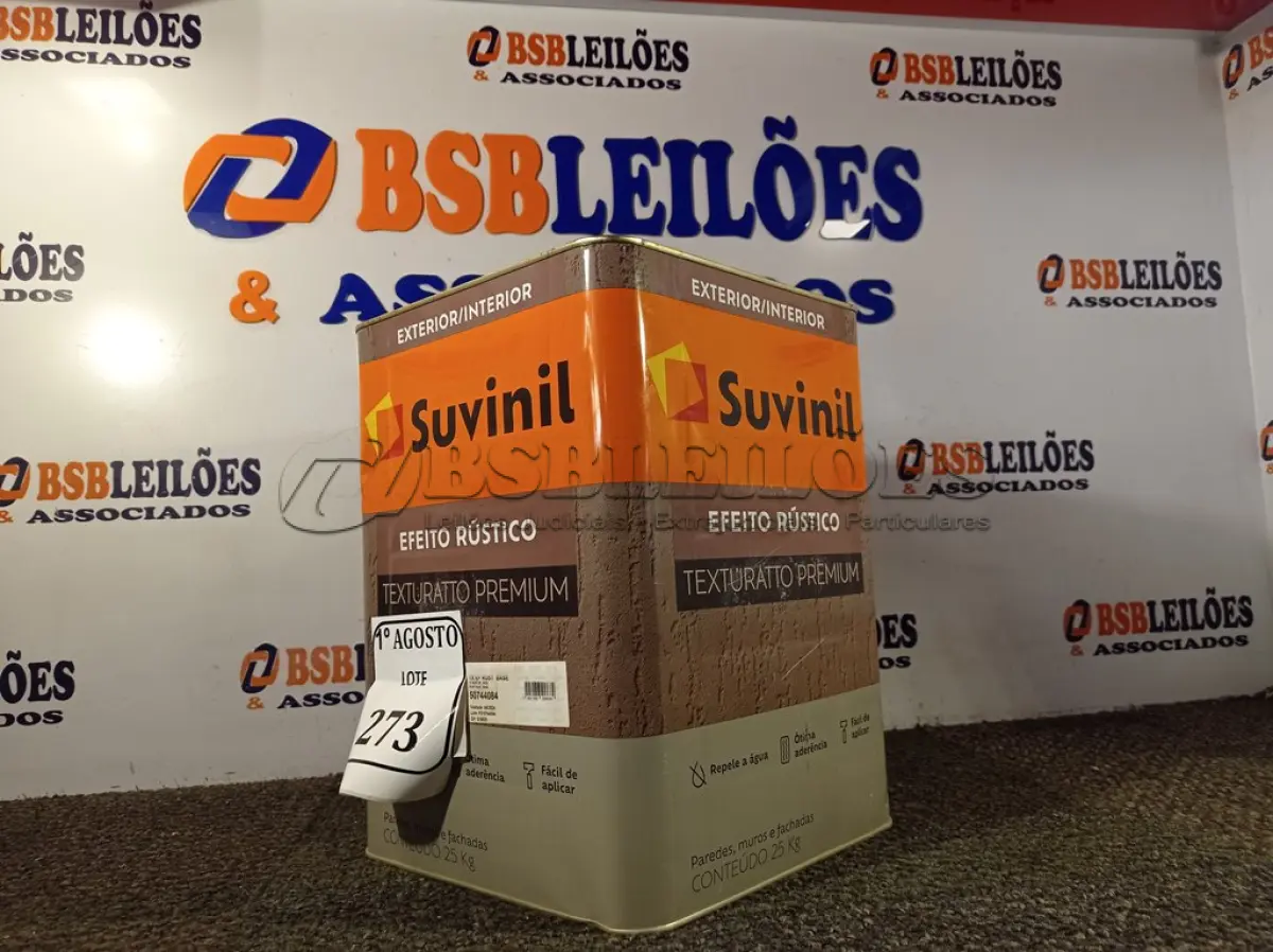 LOTE 273 - 01 LATA DE TINTA TEXTURATTO PREMIUM EFEITO RÚSTICO INTERIOR/EXTERIOR SUVINIL 25KG. (NO ESTADO) ATENÇÃO! FAZER A VISITAÇÃO ANTES DE ARREMATAR, NÃO SABEMOS SE FUNCIONA. LEILÃO NÃO TEM GARANTIA E NEM DEVOLUÇÃO, SUJEITO A POSSÍVEIS AVARIAS VISÍVEIS/OCULTAS E/OU AUSÊNCIA DE COMPONENTES.