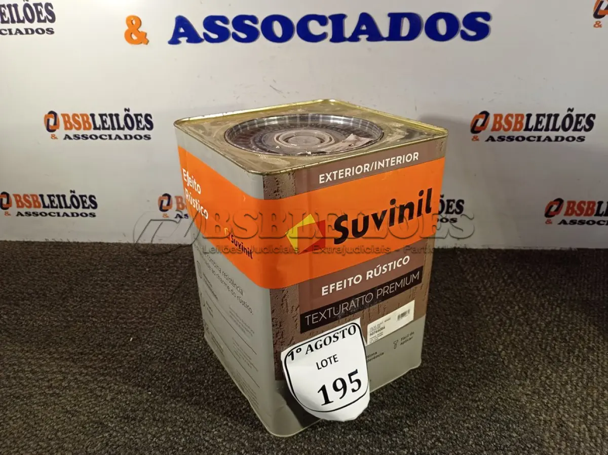 LOTE 195 - 01 LATA DE TINTA TEXTURATTO PREMIUM EFEITO RÚSTICO INTERIOR/EXTERIOR SUVINIL 25KG. (NO ESTADO) ATENÇÃO! FAZER A VISITAÇÃO ANTES DE ARREMATAR, NÃO SABEMOS SE FUNCIONA. LEILÃO NÃO TEM GARANTIA E NEM DEVOLUÇÃO, SUJEITO A POSSÍVEIS AVARIAS VISÍVEIS/OCULTAS E/OU AUSÊNCIA DE COMPONENTES.