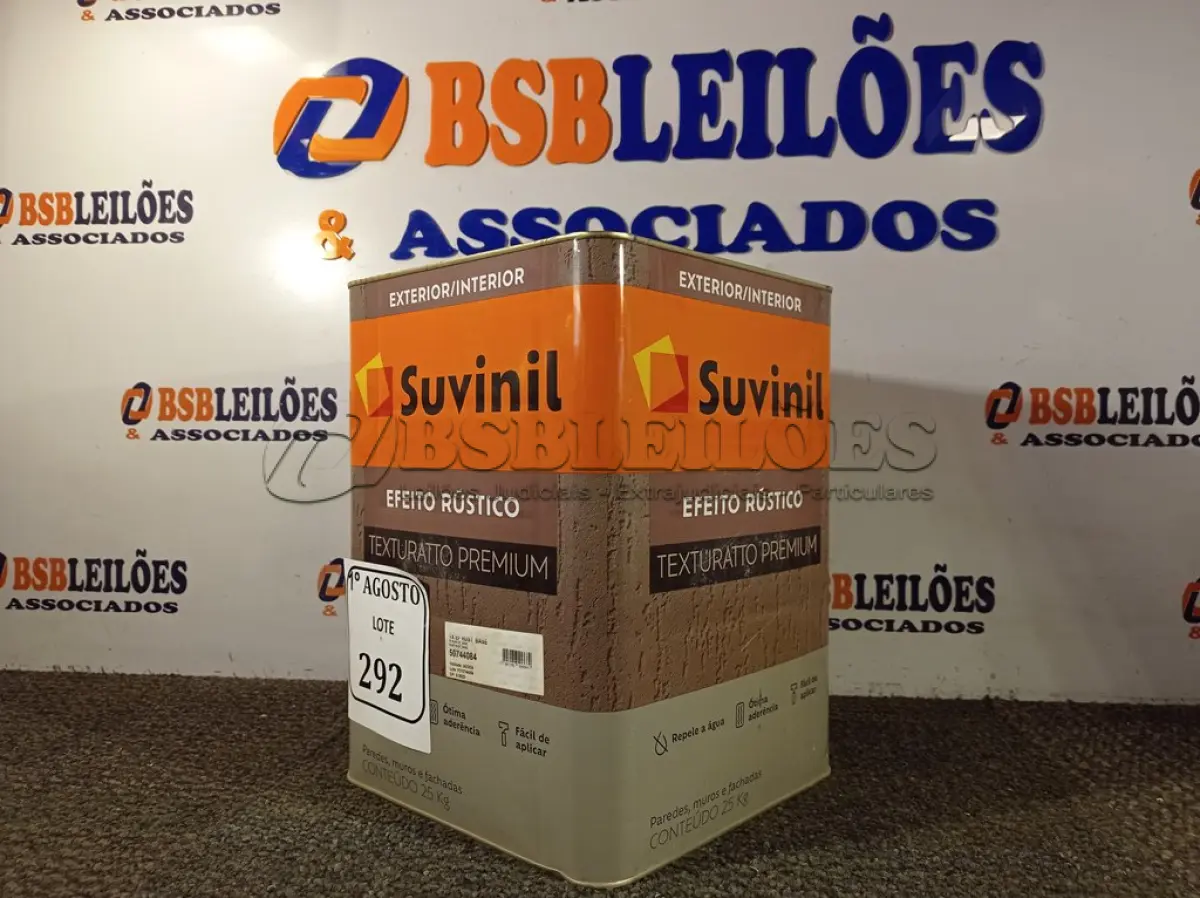 LOTE 292 - 01 LATA DE TINTA TEXTURATTO PREMIUM EFEITO RÚSTICO INTERIOR/EXTERIOR SUVINIL 25KG. (NO ESTADO) ATENÇÃO! FAZER A VISITAÇÃO ANTES DE ARREMATAR, NÃO SABEMOS SE FUNCIONA. LEILÃO NÃO TEM GARANTIA E NEM DEVOLUÇÃO, SUJEITO A POSSÍVEIS AVARIAS VISÍVEIS/OCULTAS E/OU AUSÊNCIA DE COMPONENTES.