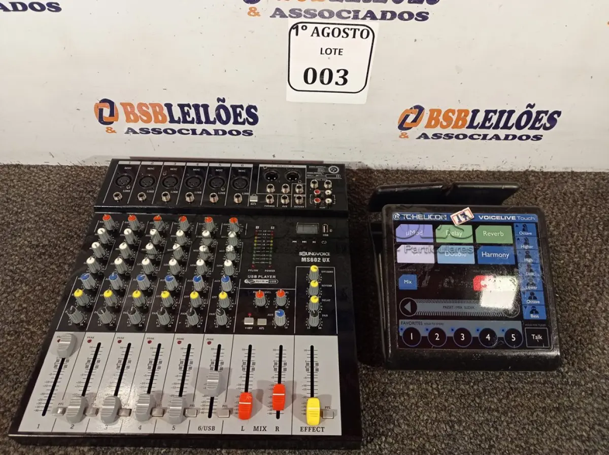 LOTE 003 - 01 MESA DE SOM MS602/VOICE LIVE TOUCH COM AVARIAS. (NO ESTADO) ATENÇÃO! FAZER A VISITAÇÃO ANTES DE ARREMATAR, NÃO SABEMOS SE FUNCIONA. LEILÃO NÃO TEM GARANTIA E NEM DEVOLUÇÃO, SUJEITO A POSSÍVEIS AVARIAS VISÍVEIS/OCULTAS E/OU AUSÊNCIA DE COMPONENTES.