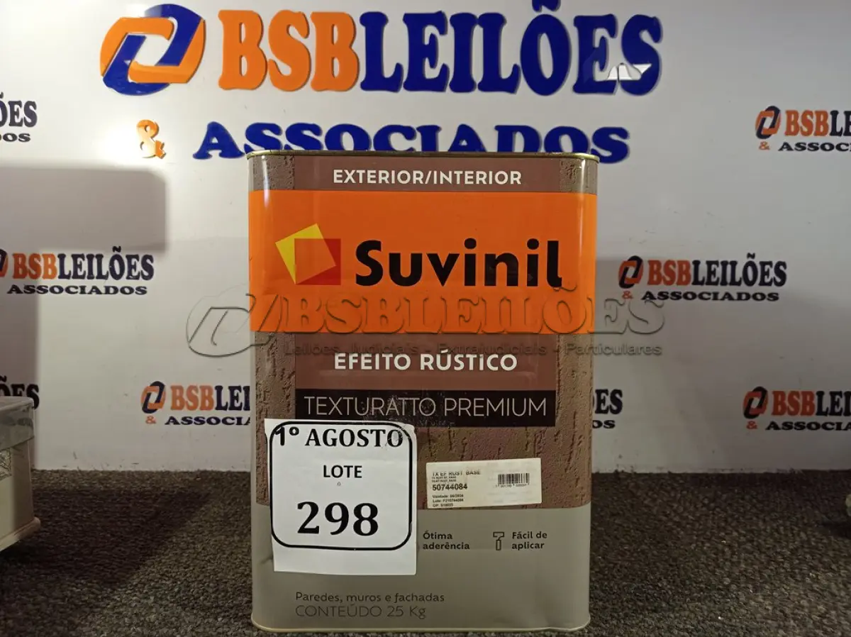 LOTE 298 - 01 LATA DE TINTA TEXTURATTO PREMIUM EFEITO RÚSTICO INTERIOR/EXTERIOR SUVINIL 25KG. (NO ESTADO) ATENÇÃO! FAZER A VISITAÇÃO ANTES DE ARREMATAR, NÃO SABEMOS SE FUNCIONA. LEILÃO NÃO TEM GARANTIA E NEM DEVOLUÇÃO, SUJEITO A POSSÍVEIS AVARIAS VISÍVEIS/OCULTAS E/OU AUSÊNCIA DE COMPONENTES.