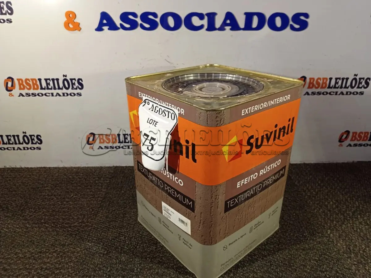 LOTE 175 - 01 LATA DE TINTA TEXTURATTO PREMIUM EFEITO RÚSTICO INTERIOR/EXTERIOR SUVINIL 25KG. (NO ESTADO) ATENÇÃO! FAZER A VISITAÇÃO ANTES DE ARREMATAR, NÃO SABEMOS SE FUNCIONA. LEILÃO NÃO TEM GARANTIA E NEM DEVOLUÇÃO, SUJEITO A POSSÍVEIS AVARIAS VISÍVEIS/OCULTAS E/OU AUSÊNCIA DE COMPONENTES.