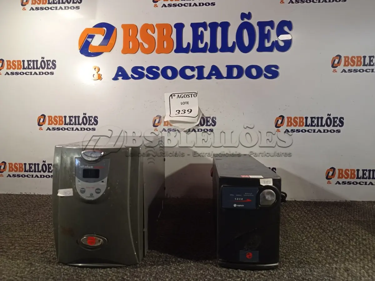 LOTE 339 - 02 NOBREAKS. (NO ESTADO) ATENÇÃO! FAZER A VISITAÇÃO ANTES DE ARREMATAR, NÃO SABEMOS SE FUNCIONA. LEILÃO NÃO TEM GARANTIA E NEM DEVOLUÇÃO, SUJEITO A POSSÍVEIS AVARIAS VISÍVEIS/OCULTAS E/OU AUSÊNCIA DE COMPONENTES.