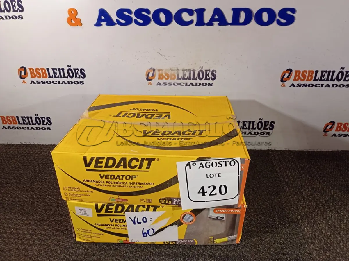 LOTE 420 - 02 CAIXAS DE VEDATOP ARGAMASSA POLIMÉRICA IMPERMEÁVEL 12KG. (NO ESTADO) ATENÇÃO! FAZER A VISITAÇÃO ANTES DE ARREMATAR, NÃO SABEMOS SE FUNCIONA. LEILÃO NÃO TEM GARANTIA E NEM DEVOLUÇÃO, SUJEITO A POSSÍVEIS AVARIAS VISÍVEIS/OCULTAS E/OU AUSÊNCIA DE COMPONENTES.