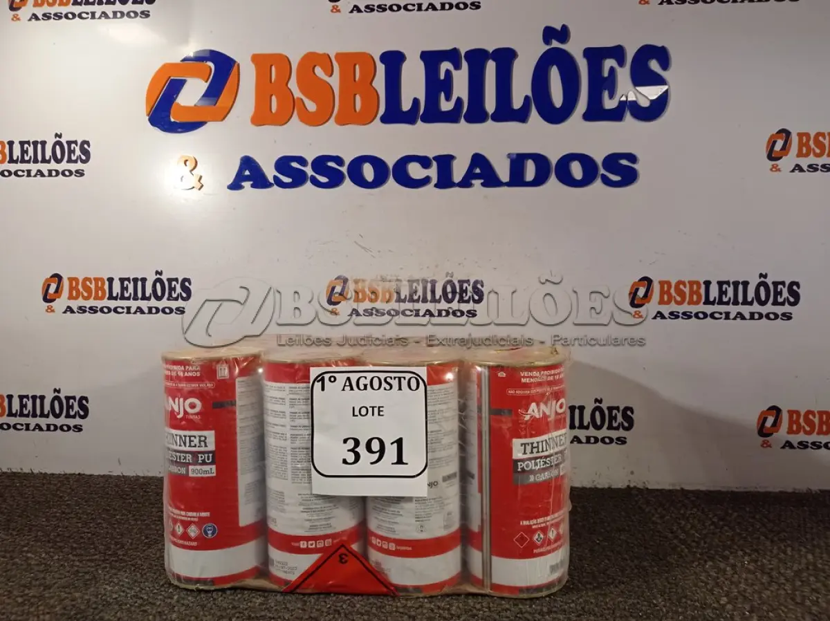LOTE 391 - 12 LATAS DE 900ML CADA THINNER POLIÉSTER PU. (NO ESTADO) ATENÇÃO! FAZER A VISITAÇÃO ANTES DE ARREMATAR, NÃO SABEMOS SE FUNCIONA. LEILÃO NÃO TEM GARANTIA E NEM DEVOLUÇÃO, SUJEITO A POSSÍVEIS AVARIAS VISÍVEIS/OCULTAS E/OU AUSÊNCIA DE COMPONENTES.