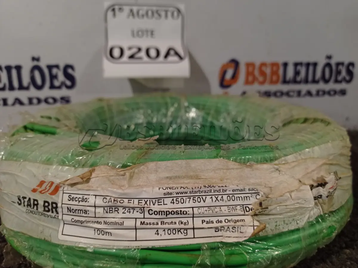 LOTE 020 - 01 ROLO DE CABO FLEXÍVEL 450/750VOLTS 1X4,00MM NA COR BRANCO. (NO ESTADO) ATENÇÃO! FAZER A VISITAÇÃO ANTES DE ARREMATAR, NÃO SABEMOS SE FUNCIONA. LEILÃO NÃO TEM GARANTIA E NEM DEVOLUÇÃO, SUJEITO A POSSÍVEIS AVARIAS VISÍVEIS/OCULTAS E/OU AUSÊNCIA DE COMPONENTES.