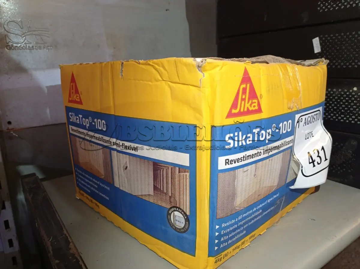LOTE 431 - 01 CAIXA SIKA TOP 100 REVESTIMENTO IMPERMEABILIZANTE SEMI-FLEXIVEL 18KG. (NO ESTADO) ATENÇÃO! FAZER A VISITAÇÃO ANTES DE ARREMATAR, NÃO SABEMOS SE FUNCIONA. LEILÃO NÃO TEM GARANTIA E NEM DEVOLUÇÃO, SUJEITO A POSSÍVEIS AVARIAS VISÍVEIS/OCULTAS E/OU AUSÊNCIA DE COMPONENTES.