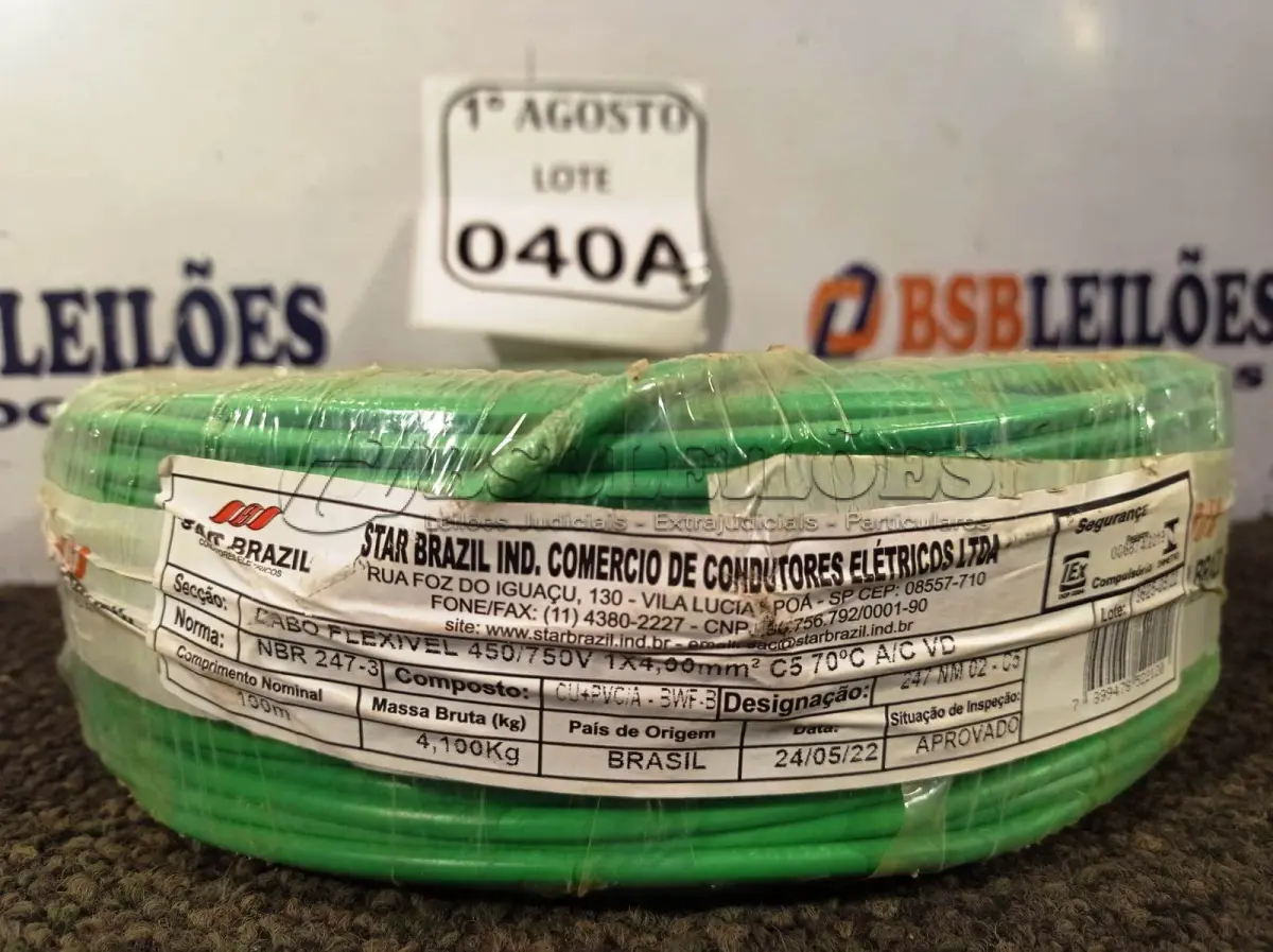LOTE 040 - 01 ROLO DE CABO FLEXÍVEL 450/750VOLTS 1X4,00MM NA COR VERDE. (NO ESTADO) ATENÇÃO! FAZER A VISITAÇÃO ANTES DE ARREMATAR, NÃO SABEMOS SE FUNCIONA. LEILÃO NÃO TEM GARANTIA E NEM DEVOLUÇÃO, SUJEITO A POSSÍVEIS AVARIAS VISÍVEIS/OCULTAS E/OU AUSÊNCIA DE COMPONENTES.