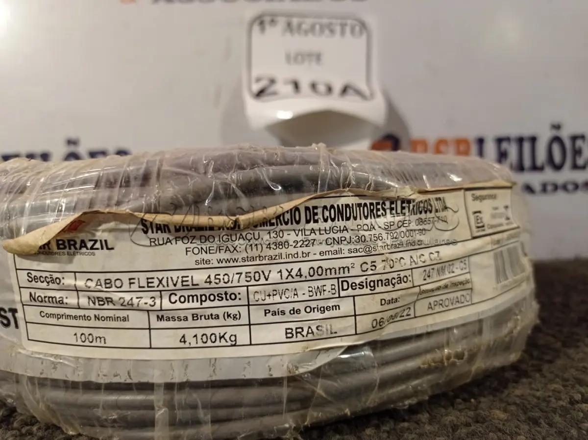 LOTE 210 - 01 ROLO DE CABO FLEXÍVEL 450/750VOLTS 1X4,00MM NA COR CINZA. (NO ESTADO) ATENÇÃO! FAZER A VISITAÇÃO ANTES DE ARREMATAR, NÃO SABEMOS SE FUNCIONA. LEILÃO NÃO TEM GARANTIA E NEM DEVOLUÇÃO, SUJEITO A POSSÍVEIS AVARIAS VISÍVEIS/OCULTAS E/OU AUSÊNCIA DE COMPONENTES.