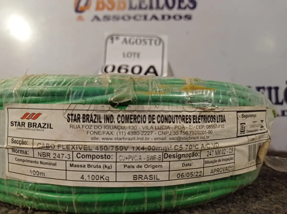LOTE 060 - 01 ROLO DE CABO FLEXÍVEL 450/750VOLTS 1X4,00MM NA COR VERDE. (NO ESTADO) ATENÇÃO! FAZER A VISITAÇÃO ANTES DE ARREMATAR, NÃO SABEMOS SE FUNCIONA. LEILÃO NÃO TEM GARANTIA E NEM DEVOLUÇÃO, SUJEITO A POSSÍVEIS AVARIAS VISÍVEIS/OCULTAS E/OU AUSÊNCIA DE COMPONENTES.
