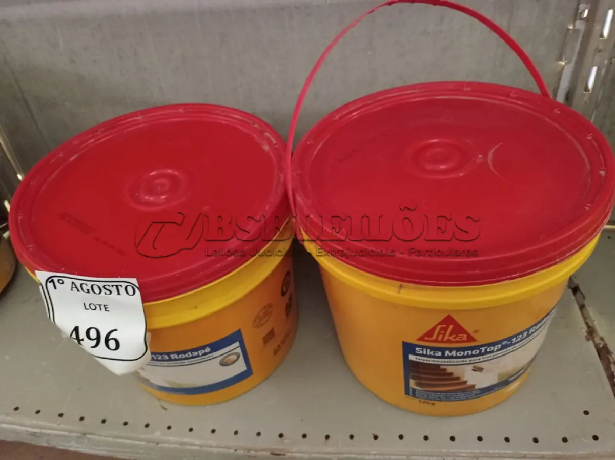 LOTE 496 - 02 BALDES DE SIKA MONOTOP-123 RODAPÉ IMPERMEABILIZANTE PARA TRATAMENTO DE UMIDADE ASCENDENTE 12KG. (NO ESTADO) ATENÇÃO! FAZER A VISITAÇÃO ANTES DE ARREMATAR, NÃO SABEMOS SE FUNCIONA. LEILÃO NÃO TEM GARANTIA E NEM DEVOLUÇÃO, SUJEITO A POSSÍVEIS AVARIAS VISÍVEIS/OCULTAS E/OU AUSÊNCIA DE COMPONENTES.