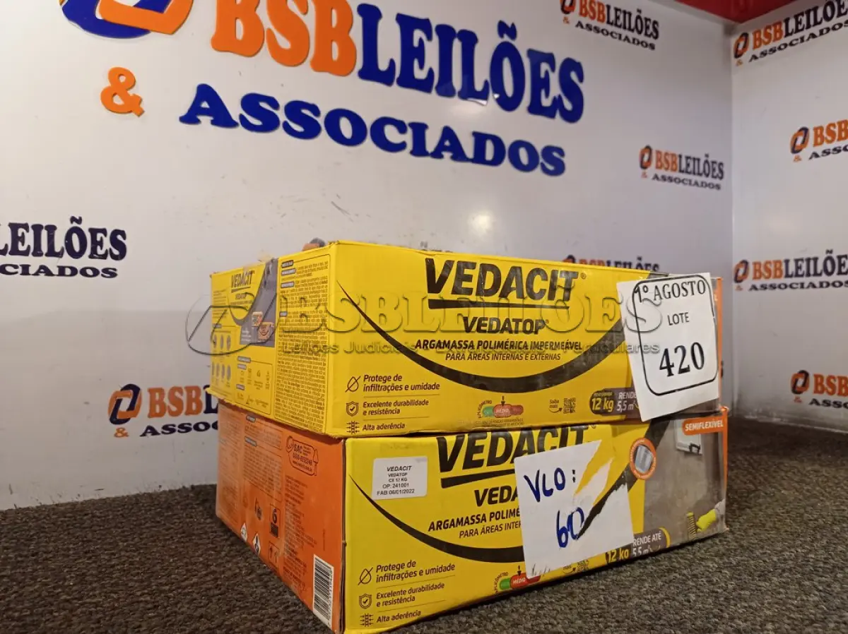 LOTE 420 - 02 CAIXAS DE VEDATOP ARGAMASSA POLIMÉRICA IMPERMEÁVEL 12KG. (NO ESTADO) ATENÇÃO! FAZER A VISITAÇÃO ANTES DE ARREMATAR, NÃO SABEMOS SE FUNCIONA. LEILÃO NÃO TEM GARANTIA E NEM DEVOLUÇÃO, SUJEITO A POSSÍVEIS AVARIAS VISÍVEIS/OCULTAS E/OU AUSÊNCIA DE COMPONENTES.