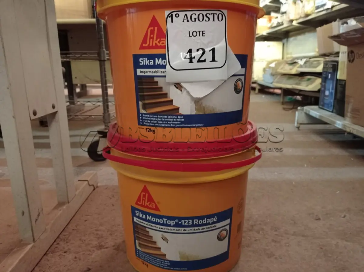 LOTE 421 - 02 BALDES DE SIKA MONOTOP-123 RODAPÉ IMPERMEABILIZANTE PARA TRATAMENTO DE UMIDADE ASCENDENTE 12KG. (NO ESTADO) ATENÇÃO! FAZER A VISITAÇÃO ANTES DE ARREMATAR, NÃO SABEMOS SE FUNCIONA. LEILÃO NÃO TEM GARANTIA E NEM DEVOLUÇÃO, SUJEITO A POSSÍVEIS AVARIAS VISÍVEIS/OCULTAS E/OU AUSÊNCIA DE COMPONENTES.