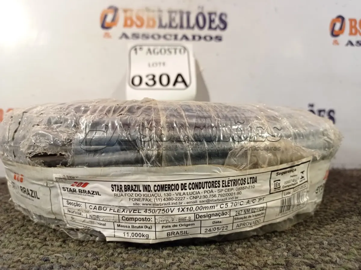 LOTE 030 - 01 ROLO DE CABO FLEXÍVEL 450/750VOLTS 1X10MM NA COR PRETA. (NO ESTADO) ATENÇÃO! FAZER A VISITAÇÃO ANTES DE ARREMATAR, NÃO SABEMOS SE FUNCIONA. LEILÃO NÃO TEM GARANTIA E NEM DEVOLUÇÃO, SUJEITO A POSSÍVEIS AVARIAS VISÍVEIS/OCULTAS E/OU AUSÊNCIA DE COMPONENTES.