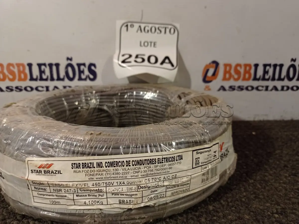 LOTE 250 - 01 ROLO DE CABO FLEXÍVEL 450/750VOLTS 1X4,00MM NA COR CINZA. (NO ESTADO) ATENÇÃO! FAZER A VISITAÇÃO ANTES DE ARREMATAR, NÃO SABEMOS SE FUNCIONA. LEILÃO NÃO TEM GARANTIA E NEM DEVOLUÇÃO, SUJEITO A POSSÍVEIS AVARIAS VISÍVEIS/OCULTAS E/OU AUSÊNCIA DE COMPONENTES.