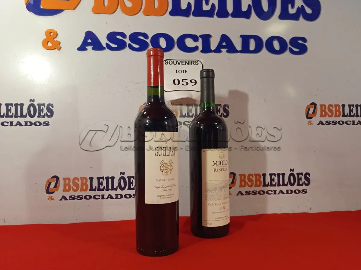 LOTE 059 - 02 GARRAFAS DE VINHO DE 750ML, SENDO 01 MIOLO RESERVA 2012 E OUTRO GULARTE MALBEC. (NO ESTADO EM QUE SE ENCONTRA) ATENÇÃO! FAZER A VISITAÇÃO ANTES DE ARREMATAR, NÃO SABEMOS SE FUNCIONA. LEILÃO NÃO TEM GARANTIA E NEM DEVOLUÇÃO, SUJEITO A POSSÍVEIS AVARIAS VISÍVEIS/OCULTAS E/OU AUSÊNCIA DE COMPONENTES.  