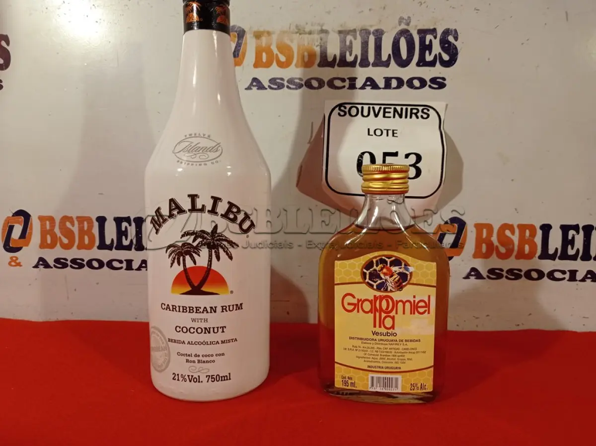 LOTE 053 - 01 GARRAFA GRAPPAMIEL VESUBIO 195ML, 01 GARRAFA DE RUM MALIBU 750ML (NO ESTADO EM QUE SE ENCONTRA) ATENÇÃO! FAZER A VISITAÇÃO ANTES DE ARREMATAR, NÃO SABEMOS SE FUNCIONA. LEILÃO NÃO TEM GARANTIA E NEM DEVOLUÇÃO, SUJEITO A POSSÍVEIS AVARIAS VISÍVEIS/OCULTAS E/OU AUSÊNCIA DE COMPONENTES.  