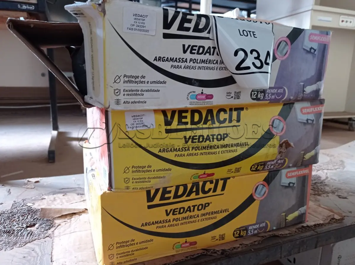 LOTE 234 - 02 VEDACIT ARGAMASSA POLIMÉRICA IMPERMEÁVEL 12KGS CADA. (NO ESTADO) ATENÇÃO! FAZER A VISITAÇÃO ANTES DE ARREMATAR, NÃO SABEMOS SE FUNCIONA. LEILÃO NÃO TEM GARANTIA E NEM DEVOLUÇÃO, SUJEITO A POSSÍVEIS AVARIAS VISÍVEIS/OCULTAS E/OU AUSÊNCIA DE COMPONENTES.