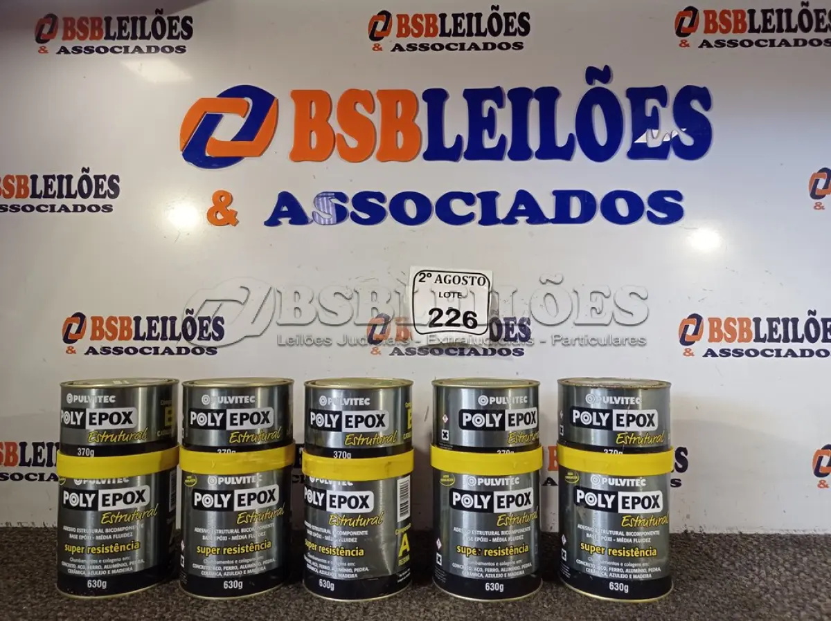 LOTE 226 - 05 ADESIVOS POLYEPOX 630G CADA. (NO ESTADO) ATENÇÃO! FAZER A VISITAÇÃO ANTES DE ARREMATAR, NÃO SABEMOS SE FUNCIONA. LEILÃO NÃO TEM GARANTIA E NEM DEVOLUÇÃO, SUJEITO A POSSÍVEIS AVARIAS VISÍVEIS/OCULTAS E/OU AUSÊNCIA DE COMPONENTES.