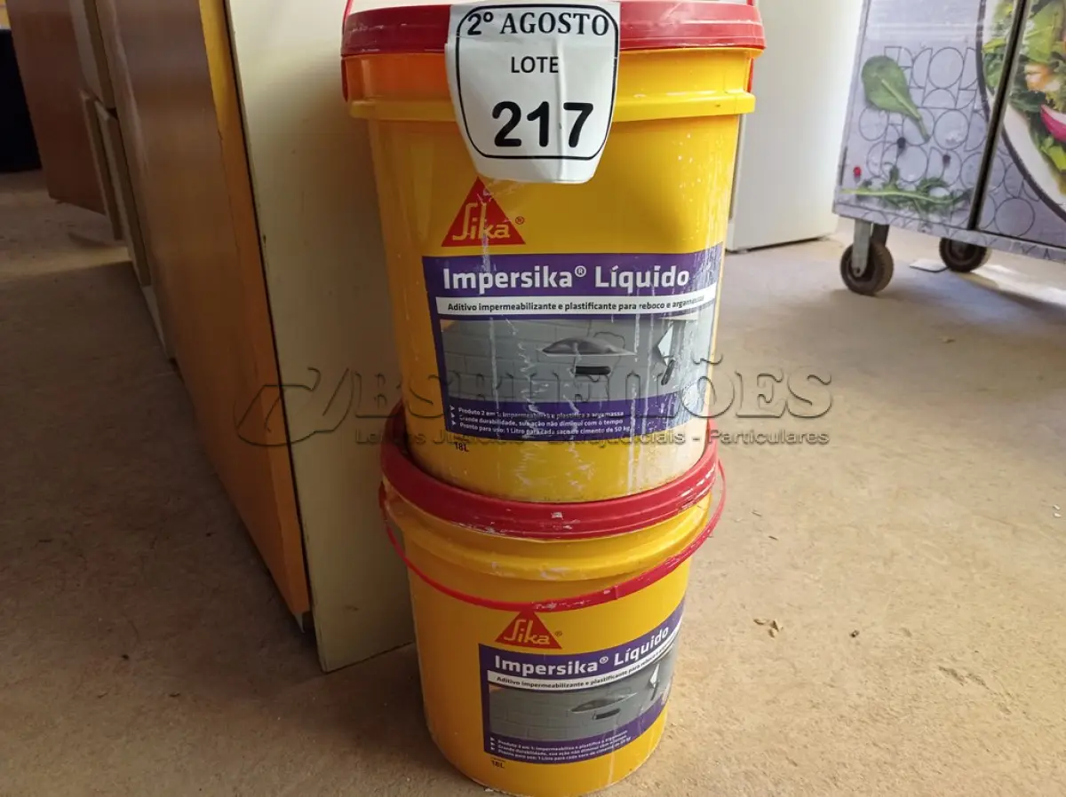 LOTE 217 - 02 BALDES DE IMPERSIKA LÍQUIDO ADITIVO PLASTIFICANTE PARA ARGAMASSA DE ASSENTAMENTO E REBOCO, 18 LITROS CADA. (NO ESTADO) ATENÇÃO! FAZER A VISITAÇÃO ANTES DE ARREMATAR, NÃO SABEMOS SE FUNCIONA. LEILÃO NÃO TEM GARANTIA E NEM DEVOLUÇÃO, SUJEITO A POSSÍVEIS AVARIAS VISÍVEIS/OCULTAS E/OU AUSÊNCIA DE COMPONENTES.