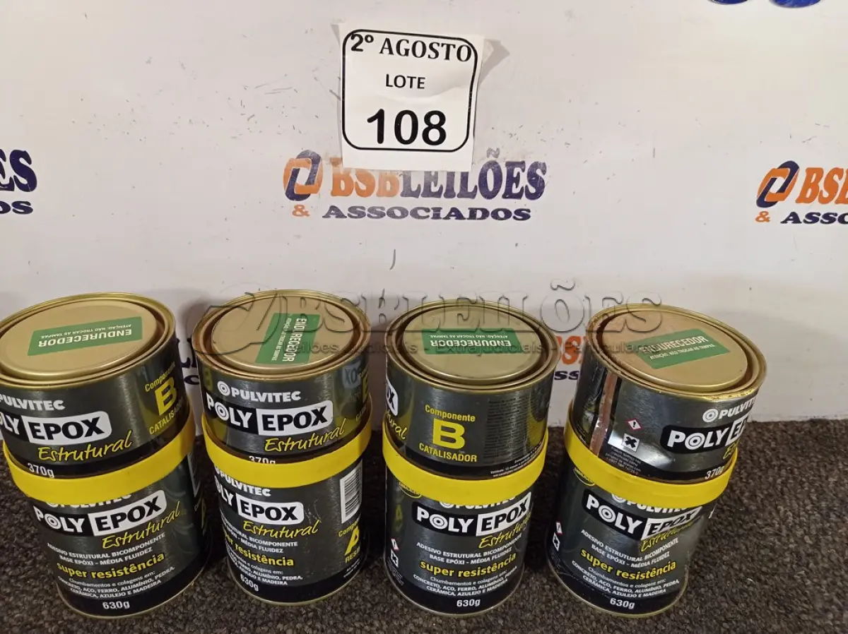 LOTE 108 - 04 ADESIVOS POLYEPOX 630G CADA.  (NO ESTADO) ATENÇÃO! FAZER A VISITAÇÃO ANTES DE ARREMATAR, NÃO SABEMOS SE FUNCIONA. LEILÃO NÃO TEM GARANTIA E NEM DEVOLUÇÃO, SUJEITO A POSSÍVEIS AVARIAS VISÍVEIS/OCULTAS E/OU AUSÊNCIA DE COMPONENTES.
