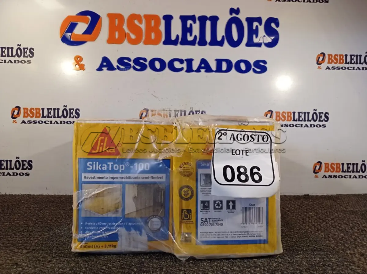 LOTE 086 - 04 CAIXAS SIKATOP-100 REVESTIMENTO IMPERMEABILIZANTE SEMI-FLEXIVEL DE 4KG CADA. (NO ESTADO) ATENÇÃO! FAZER A VISITAÇÃO ANTES DE ARREMATAR, NÃO SABEMOS SE FUNCIONA. LEILÃO NÃO TEM GARANTIA E NEM DEVOLUÇÃO, SUJEITO A POSSÍVEIS AVARIAS VISÍVEIS/OCULTAS E/OU AUSÊNCIA DE COMPONENTES.
