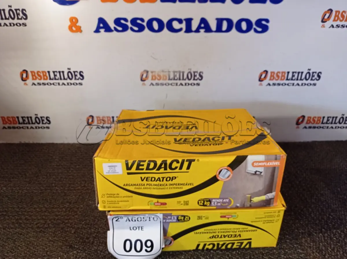 LOTE 009 - 02 VEDACIT ARGAMASSA POLIMÉRICA IMPERMEÁVEL 12KGS CADA. (NO ESTADO) ATENÇÃO! FAZER A VISITAÇÃO ANTES DE ARREMATAR, NÃO SABEMOS SE FUNCIONA. LEILÃO NÃO TEM GARANTIA E NEM DEVOLUÇÃO, SUJEITO A POSSÍVEIS AVARIAS VISÍVEIS/OCULTAS E/OU AUSÊNCIA DE COMPONENTES.
