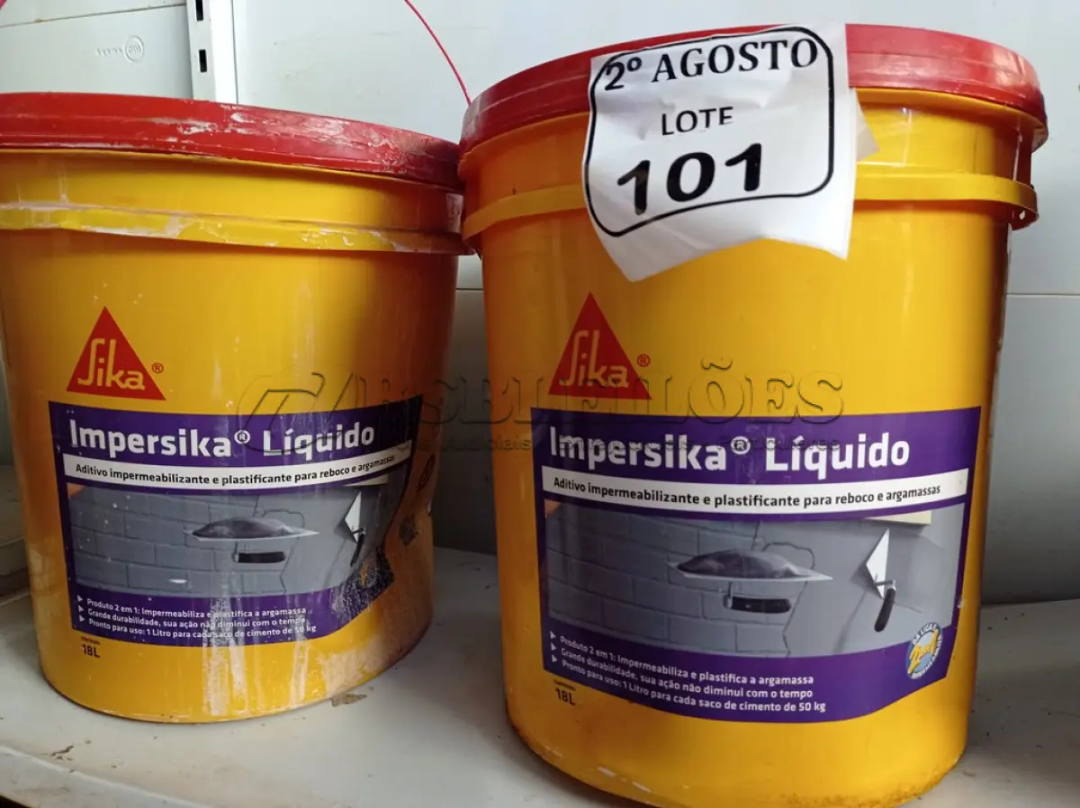 LOTE 101 - 02 BALDES DE IMPERSIKA LÍQUIDO ADITIVO PLASTIFICANTE PARA ARGAMASSA DE ASSENTAMENTO E REBOCO, 18 LITROS CADA. (NO ESTADO) ATENÇÃO! FAZER A VISITAÇÃO ANTES DE ARREMATAR, NÃO SABEMOS SE FUNCIONA. LEILÃO NÃO TEM GARANTIA E NEM DEVOLUÇÃO, SUJEITO A POSSÍVEIS AVARIAS VISÍVEIS/OCULTAS E/OU AUSÊNCIA DE COMPONENTES.