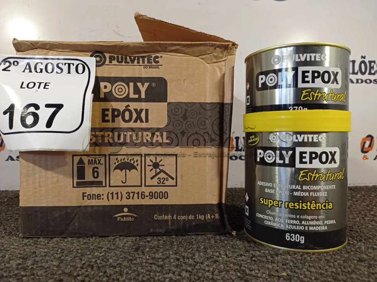 LOTE 167 - 04 ADESIVOS POLYEPOX 630G CADA. (NO ESTADO) ATENÇÃO! FAZER A VISITAÇÃO ANTES DE ARREMATAR, NÃO SABEMOS SE FUNCIONA. LEILÃO NÃO TEM GARANTIA E NEM DEVOLUÇÃO, SUJEITO A POSSÍVEIS AVARIAS VISÍVEIS/OCULTAS E/OU AUSÊNCIA DE COMPONENTES.
