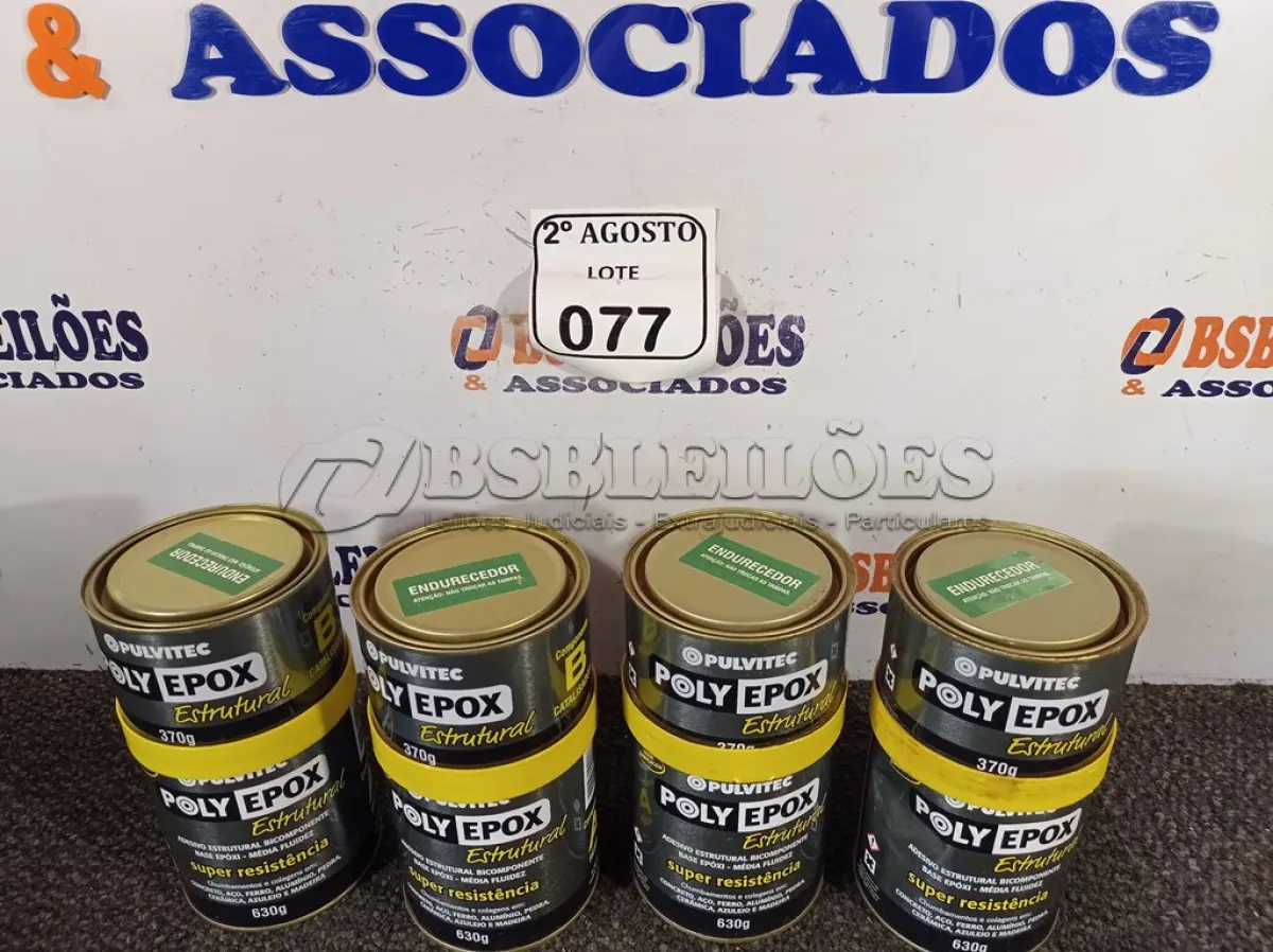 LOTE 077 - 04 ADESIVOS POLYEPOX 630G CADA. (NO ESTADO) ATENÇÃO! FAZER A VISITAÇÃO ANTES DE ARREMATAR, NÃO SABEMOS SE FUNCIONA. LEILÃO NÃO TEM GARANTIA E NEM DEVOLUÇÃO, SUJEITO A POSSÍVEIS AVARIAS VISÍVEIS/OCULTAS E/OU AUSÊNCIA DE COMPONENTES.