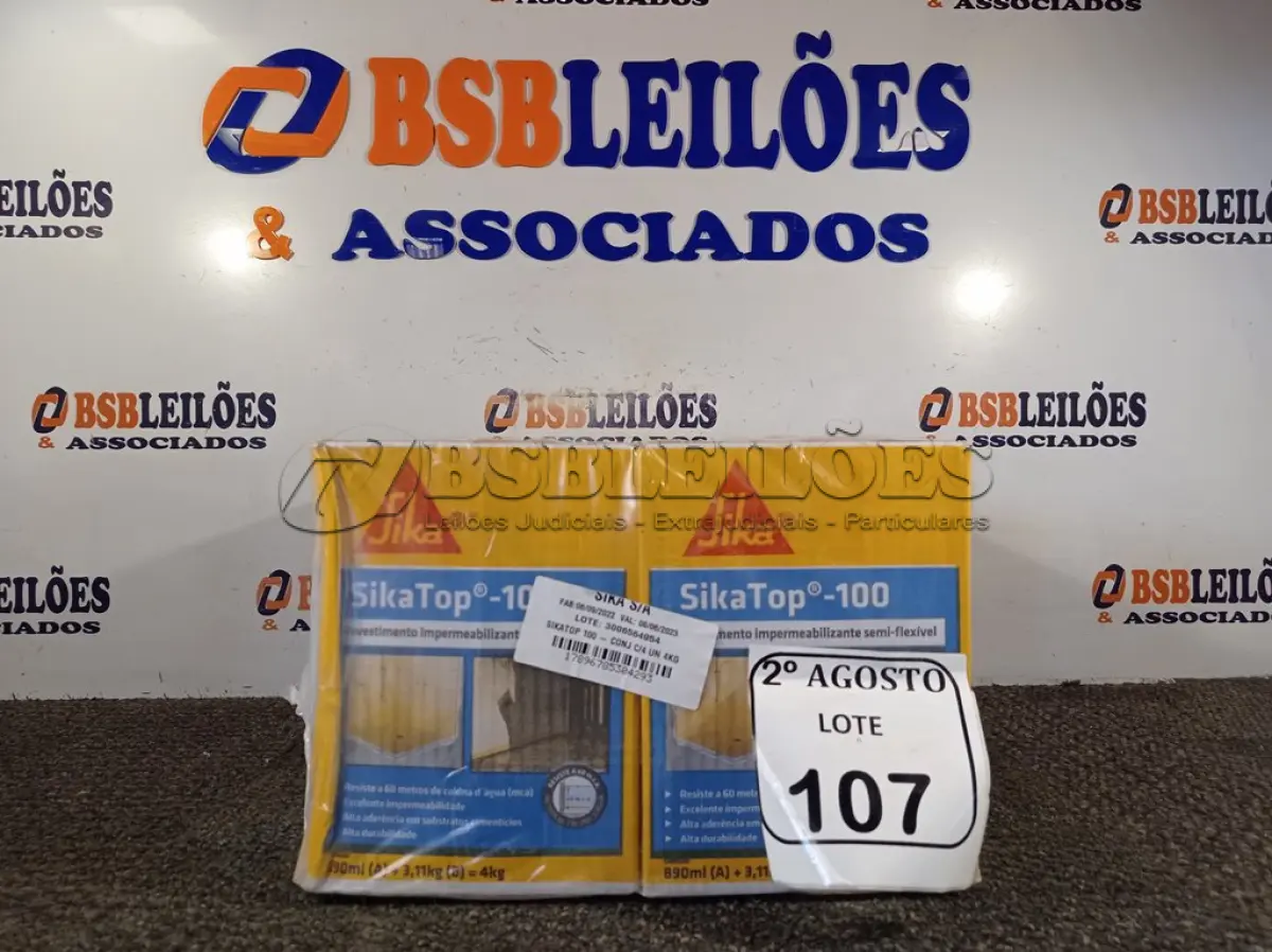 LOTE 107 - 04 CAIXAS SIKATOP-100 REVESTIMENTO IMPERMEABILIZANTE SEMI-FLEXIVEL DE 4KG CADA. (NO ESTADO) ATENÇÃO! FAZER A VISITAÇÃO ANTES DE ARREMATAR, NÃO SABEMOS SE FUNCIONA. LEILÃO NÃO TEM GARANTIA E NEM DEVOLUÇÃO, SUJEITO A POSSÍVEIS AVARIAS VISÍVEIS/OCULTAS E/OU AUSÊNCIA DE COMPONENTES.